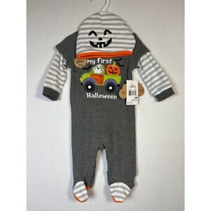 Baby Essentials Footed Romper Set Baby 3M Grey NWT My First Halloween Pumpkin